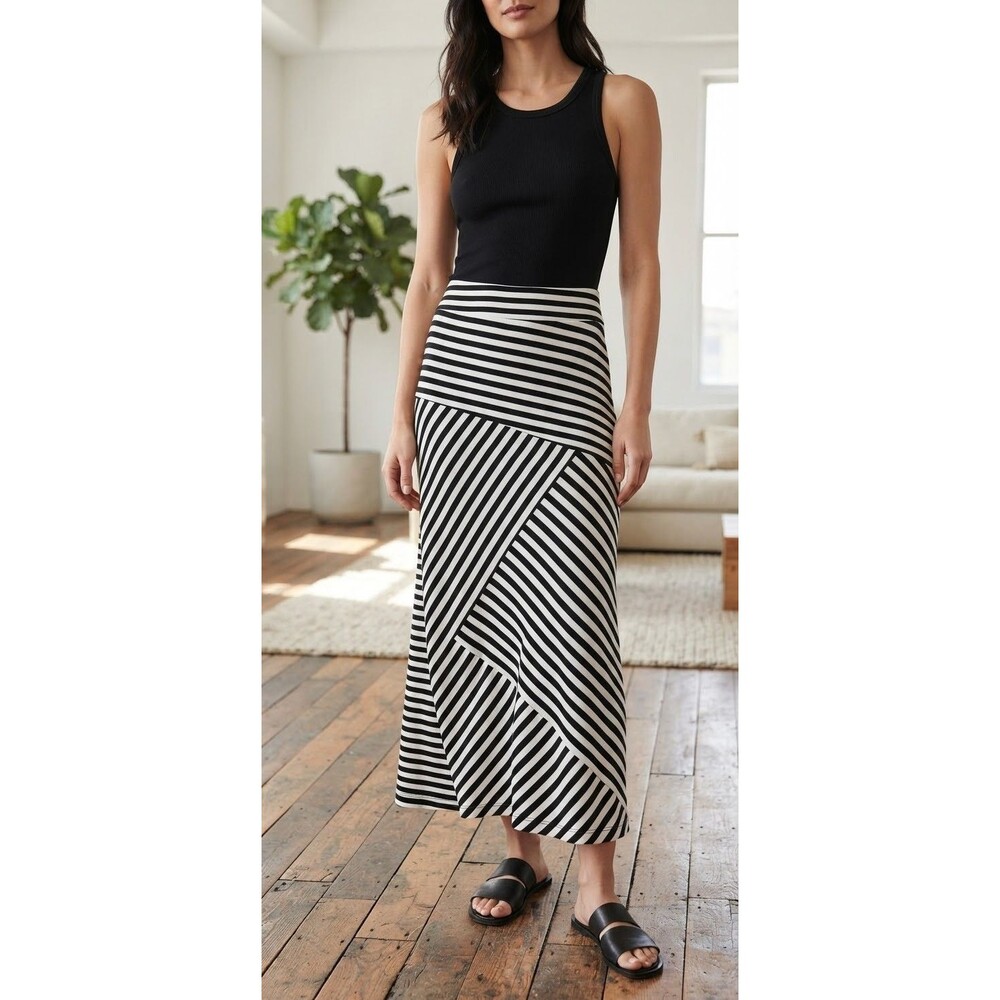 Cato Womens Plus 18 20W Black White Striped Knit Maxi Skirt Diagonal Patchwork